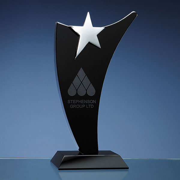 Black Optical Crystal Swoop Award with Silver Star 25cm