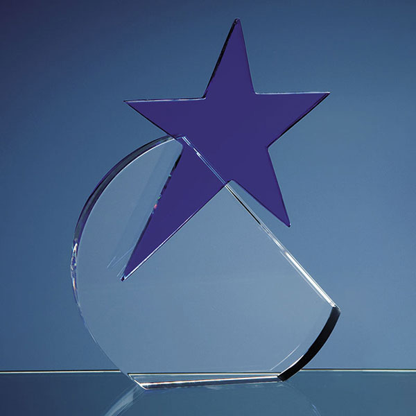 Optical Crystal Circle with Blue Star Award 17.5cm