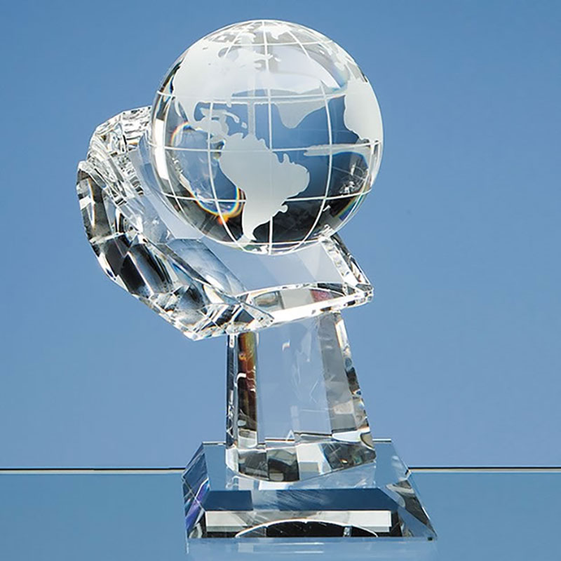 80mm dia Optical Crystal Globe on Hand Award