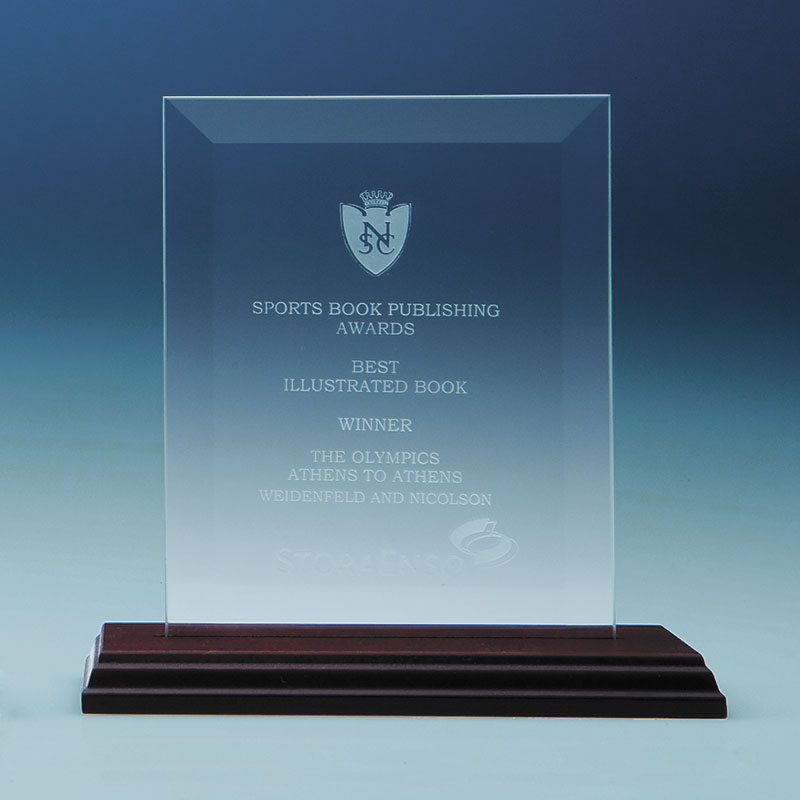 Engraved 9x7in Bevelled Glass Plaque on Wood Base