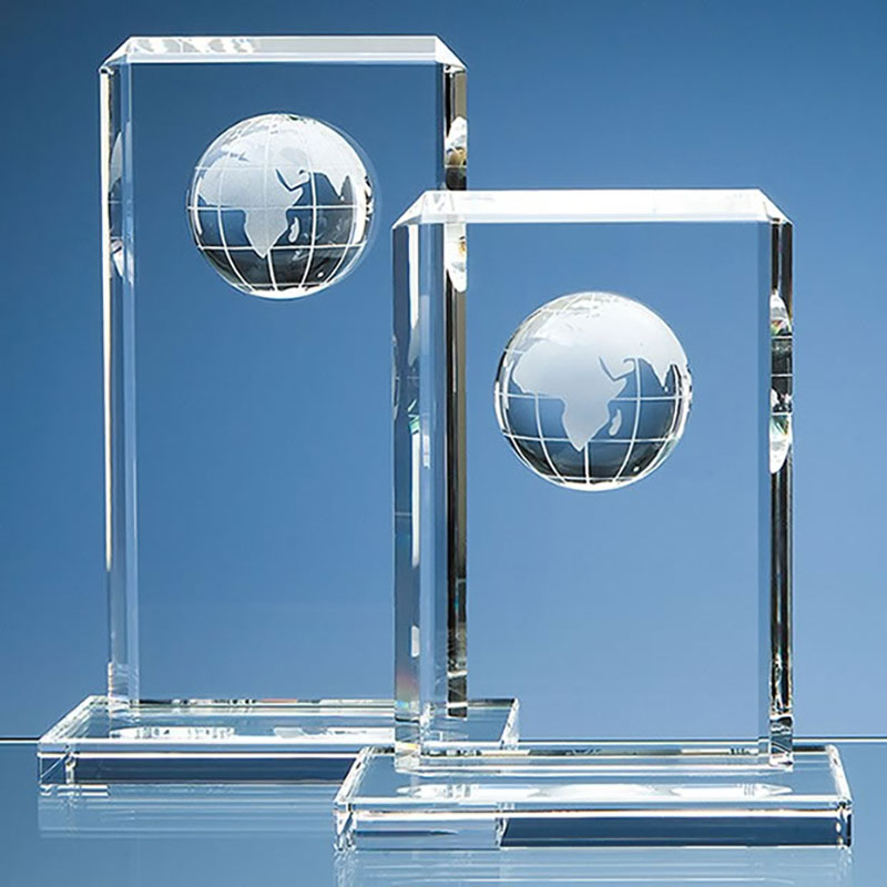 Engraved 240mm Crystal Rectangle Plaque with Globe Crystal Awards