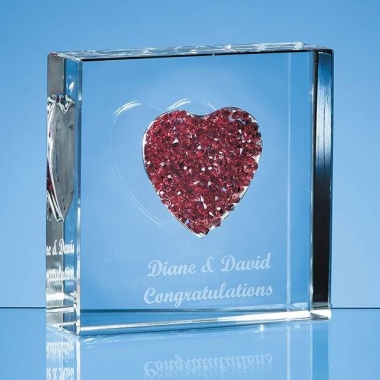 Rectangle Glass Block Paperweight with Red Diamante Heart 7.5cm