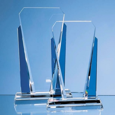 25cm Clear & Sapphire Blue Optical Crystal Sentinel Award
