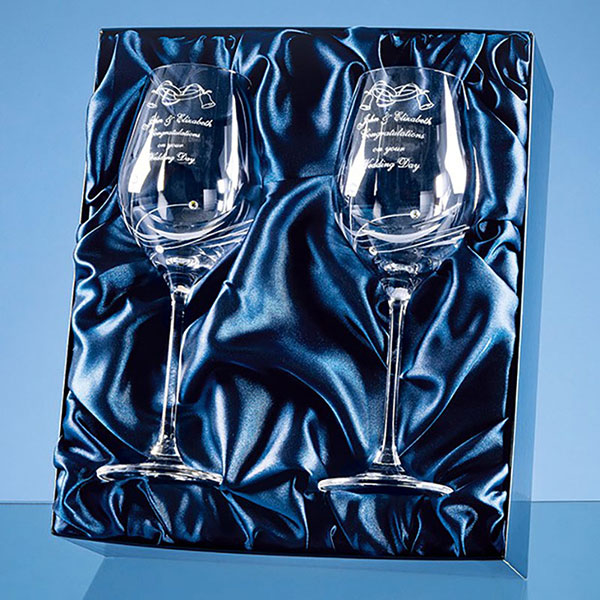 Engraved Pair Diamante Wine Glasses Gift Set
