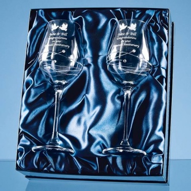 Pair Diamante Wine Glasses with Spiral Design Cutting in Gift Box