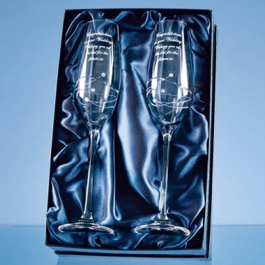 Pair Diamante Champagne Flutes with Spiral Design Cutting in Gift Box