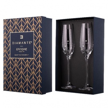 Pair Diamante Champagne Flutes with Spiral Design Cutting in Gift Box