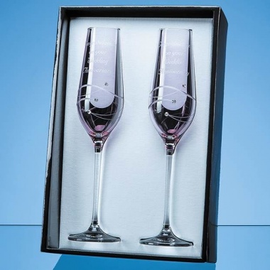 Pair Pink Diamante Champagne Flutes with Spiral Design Cutting in Gift Box