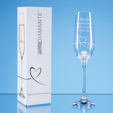 Single Diamante Petit Champagne Flute with Heart Design in an attractive Gift Box