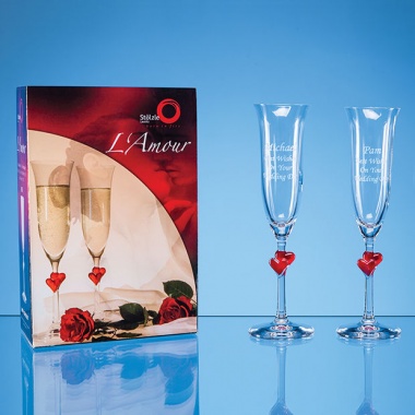 Pair of Red Heart Champagne Flutes Gift Boxed