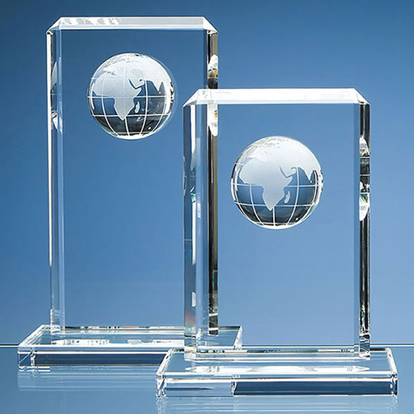 190mm Optic Crystal Rectangle Plaque with Globe