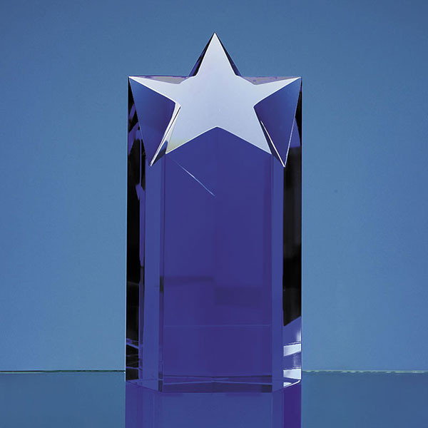 Engraved Blue Optical Crystal Star Column Award 7in