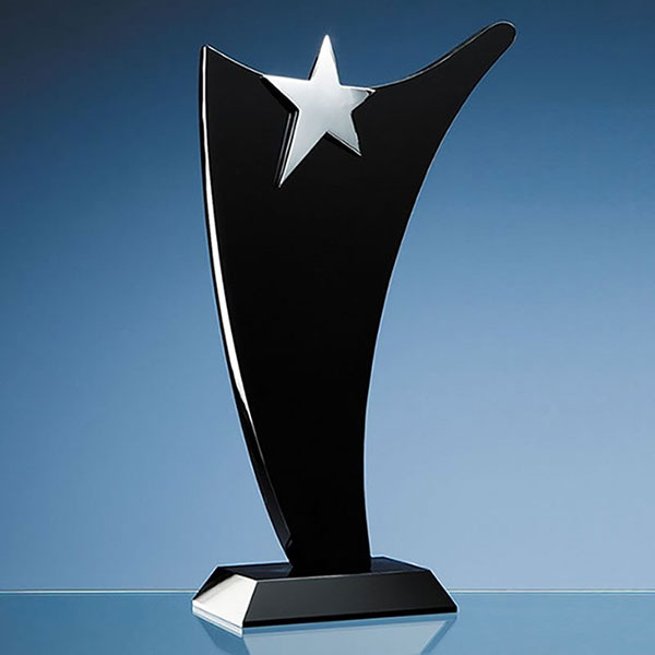 Black Optical Crystal Swoop Award with Silver Star 30cm