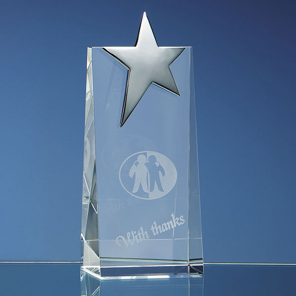 Engraved Optical Crystal Wedge with Silver Star 17.5cm