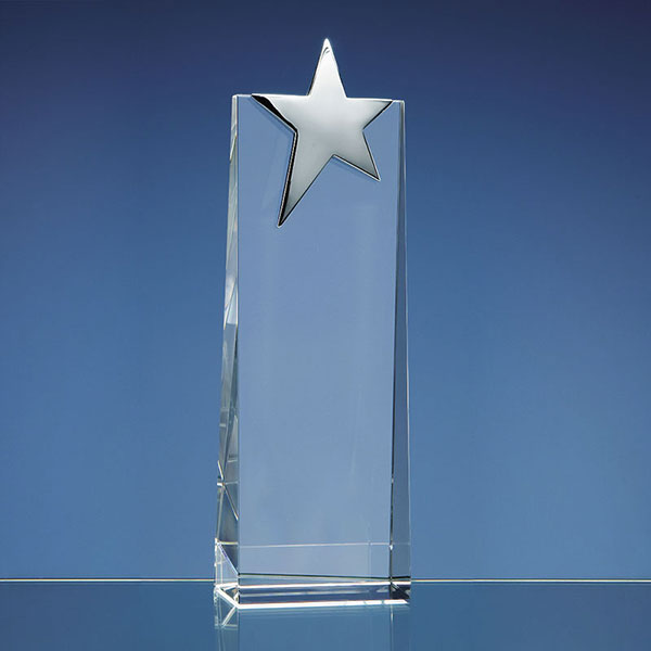Engraved Optical Crystal Wedge with Silver Star 22.5cm