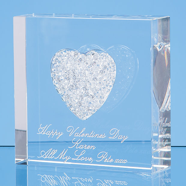Rectangle Glass Block Paperweight with White Diamante Heart 7.5cm