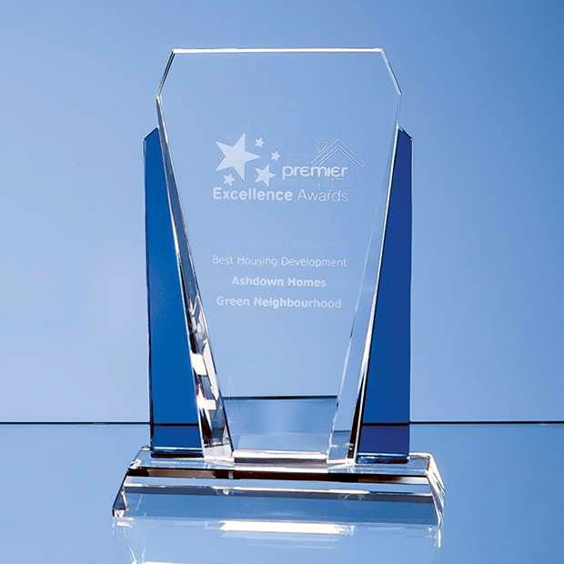 17.5cm Clear & Sapphire Blue Optical Crystal Sentinel Award