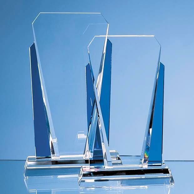 25cm Clear & Sapphire Blue Optical Crystal Sentinel Award