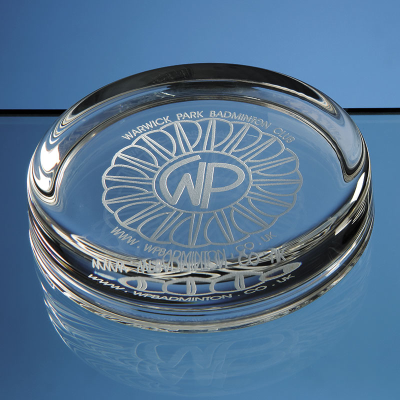 Engraved 90mm dia Round Glass Paperweight F6