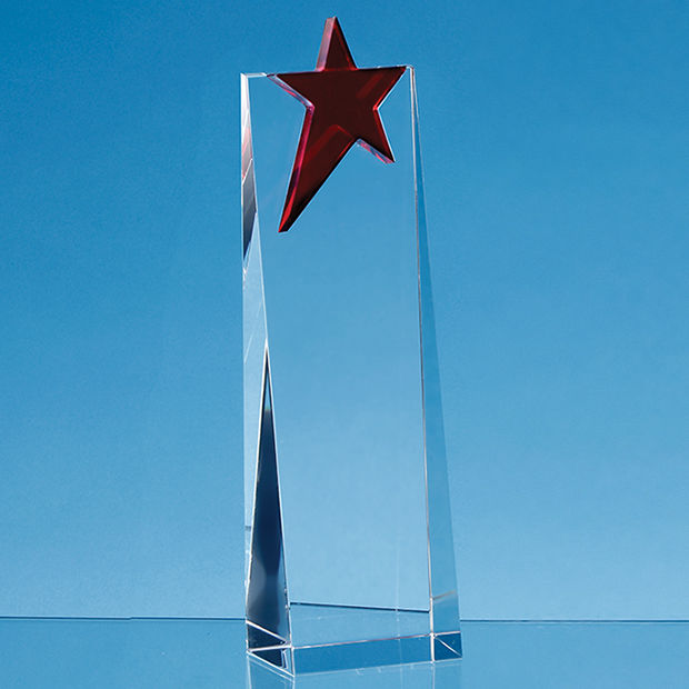 24cm Optical Crystal Rectangle with a Brilliant Red Star Award