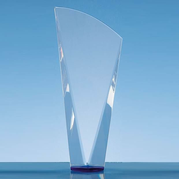 23.5cm Clear Optical Crystal Facet Shard Award with a Sapphire Blue Base