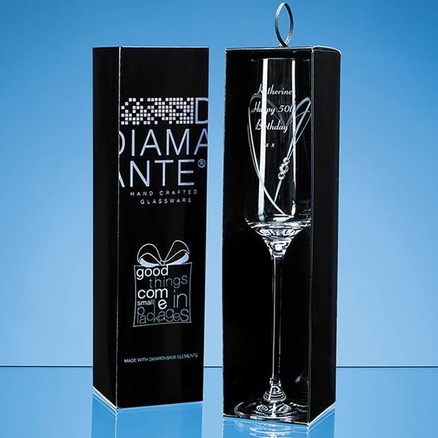 Diamante Champagne Flute with Heart Shaped Cutting in Gift Box
