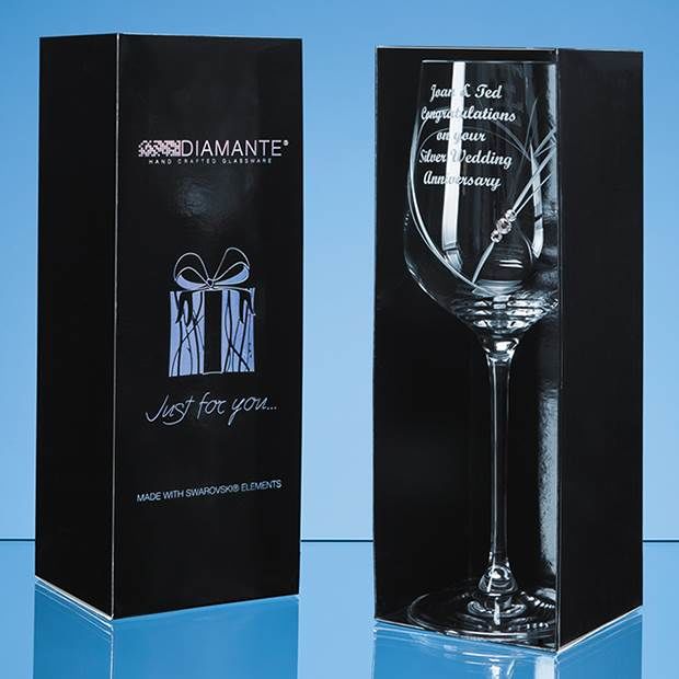 Engraved Diamante Wine Glass with Heart Decoration