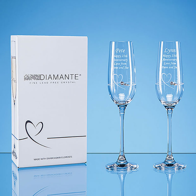 Engraved Pair Diamante Flutes with Heart Motif