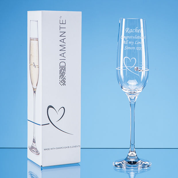 Single Diamante Petit Champagne Flute with Heart Design in an attractive Gift Box