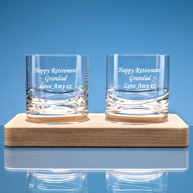 Pair of Verona Crystalite Whisky Tumblers on a Beech Wood Base