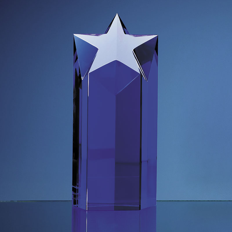 Engraved Blue Optical Crystal Star Column Award 8in