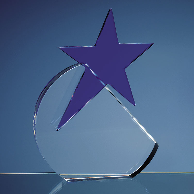 Optical Crystal Circle with Blue Star Award 15cm