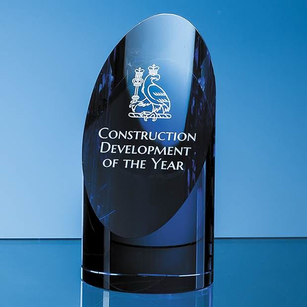 15cm Clear & Sapphire Blue Optical Crystal Cylinder Award