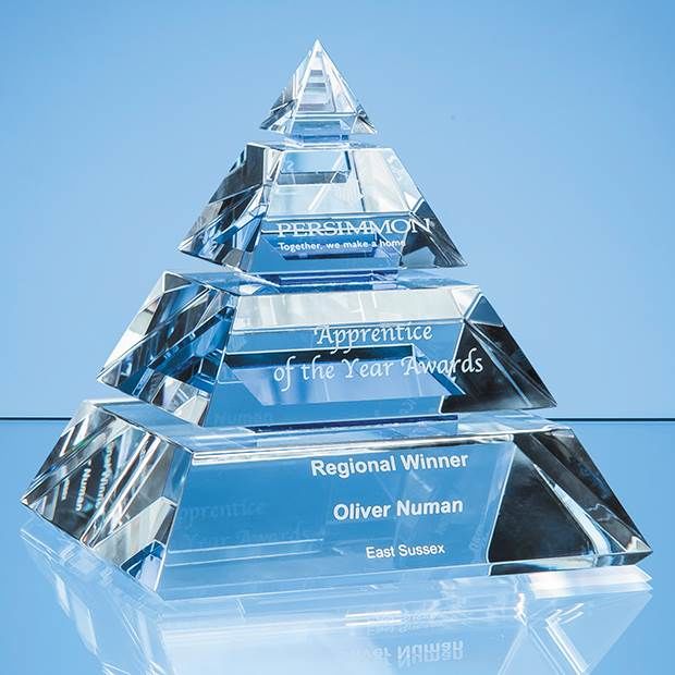 Clear Optical Crystal Luxor Pyramid Award with 3 Cobalt Blue Lines