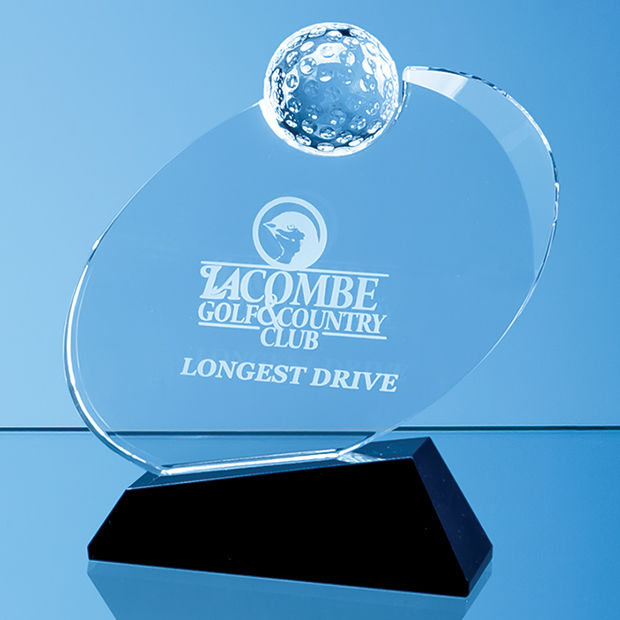 18cm Optical Crystal Golf Ball Award Mounted on an Onyx Black Base