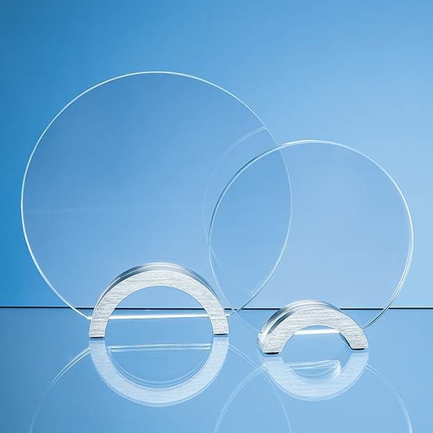 19cm x 10mm Clear Glass Circle mounted on an Aluminium Base