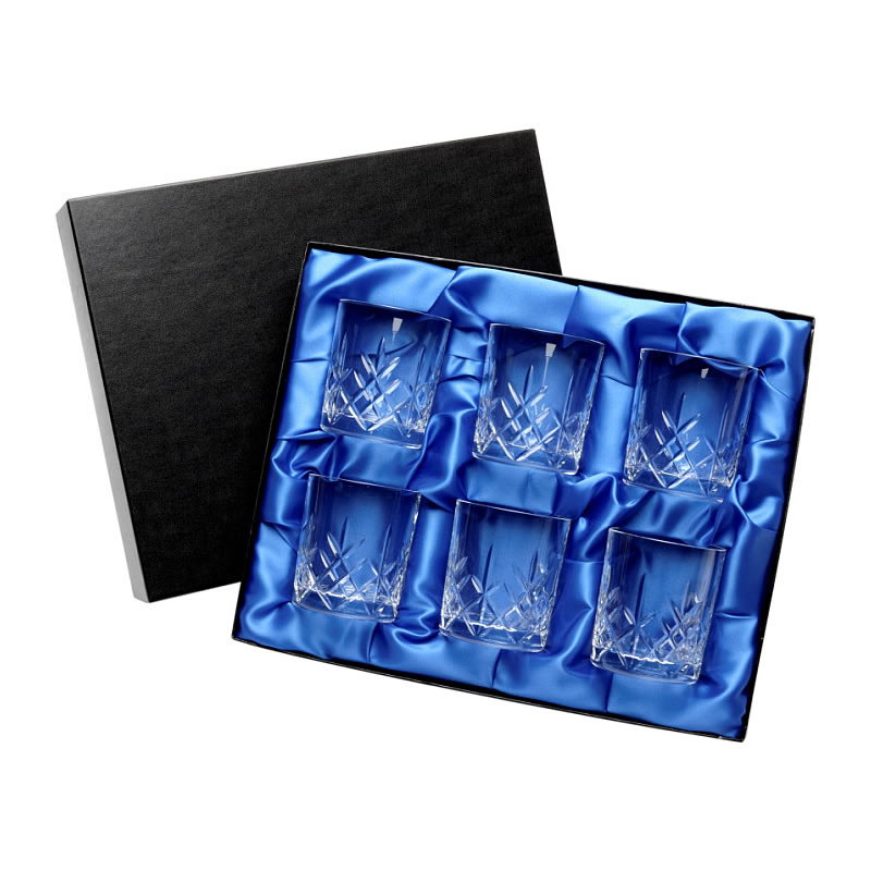 Set of Six Engraved Cut Glass Whisky Tumblers in Presentation Box